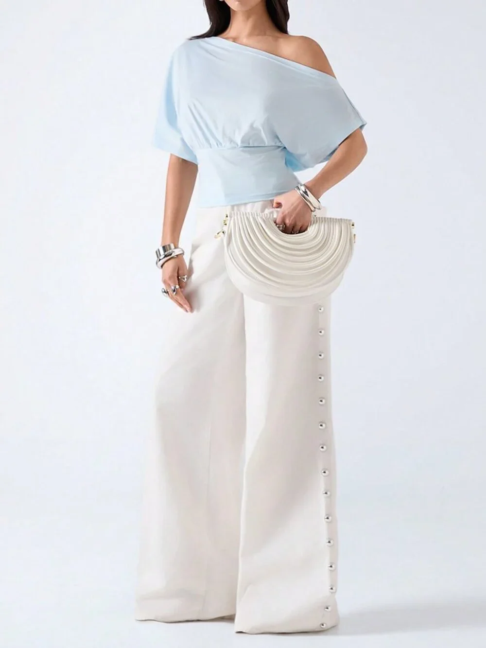 Mint Blue Casual Women's Lace Patchwork Ruffle T-Shirt